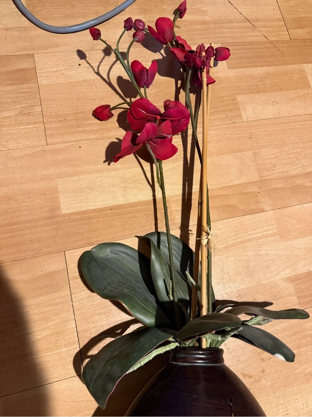 Red Orchid Stem Arrangement in Dark Brown Vase artificial vase plant home decor
